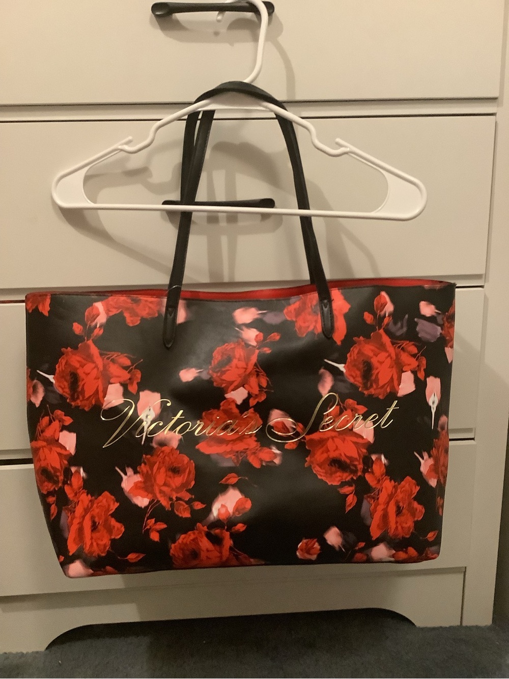 Victoria's Secret Black Tote with Red Rose Print
